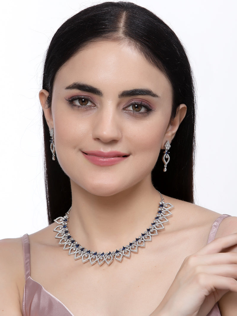 Rhodium-Plated Navy Blue American Diamond Studded Floral & Leaf Shaped Necklace with Earrings Jewellery Set