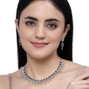 Rhodium-Plated Navy Blue American Diamond Studded Floral & Leaf Shaped Necklace with Earrings Jewellery Set