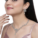 Rhodium-Plated Sea Green American Diamond Studded Floral & Paisley Shaped Necklace with Earrings Jewellery Set