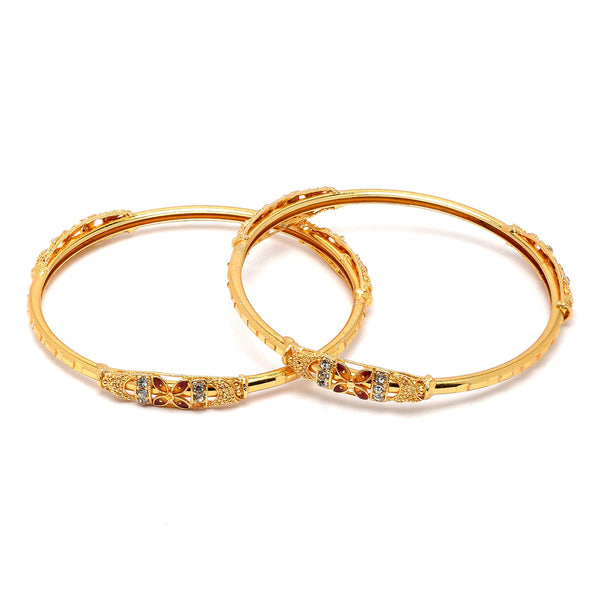 Set Of 2 Gold-Plated Red American Diamond studded Flower Shaped Bangles