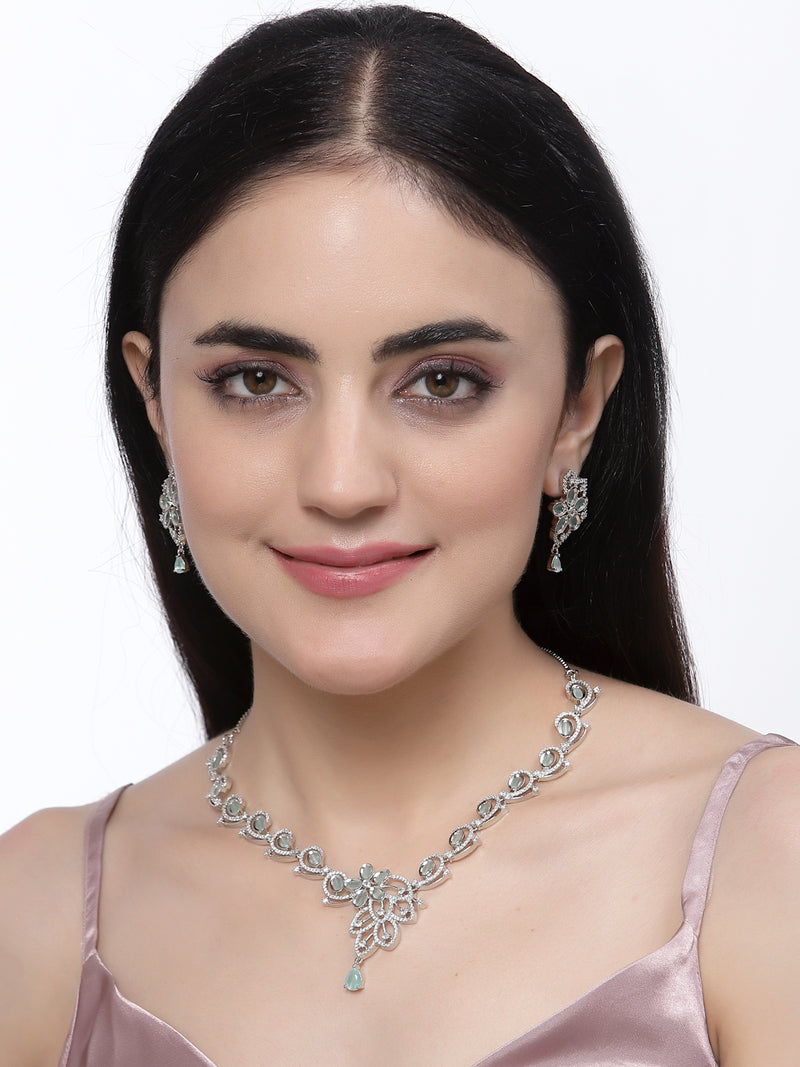 Rhodium-Plated Sea Green American Diamond Studded Floral & Paisley Shaped Necklace with Earrings Jewellery Set