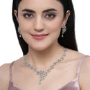 Rhodium-Plated Sea Green American Diamond Studded Floral & Paisley Shaped Necklace with Earrings Jewellery Set