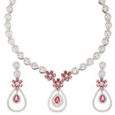 Rhodium-Plated Red American Diamond Studded Teardrop & Floral Shaped Jewellery Set