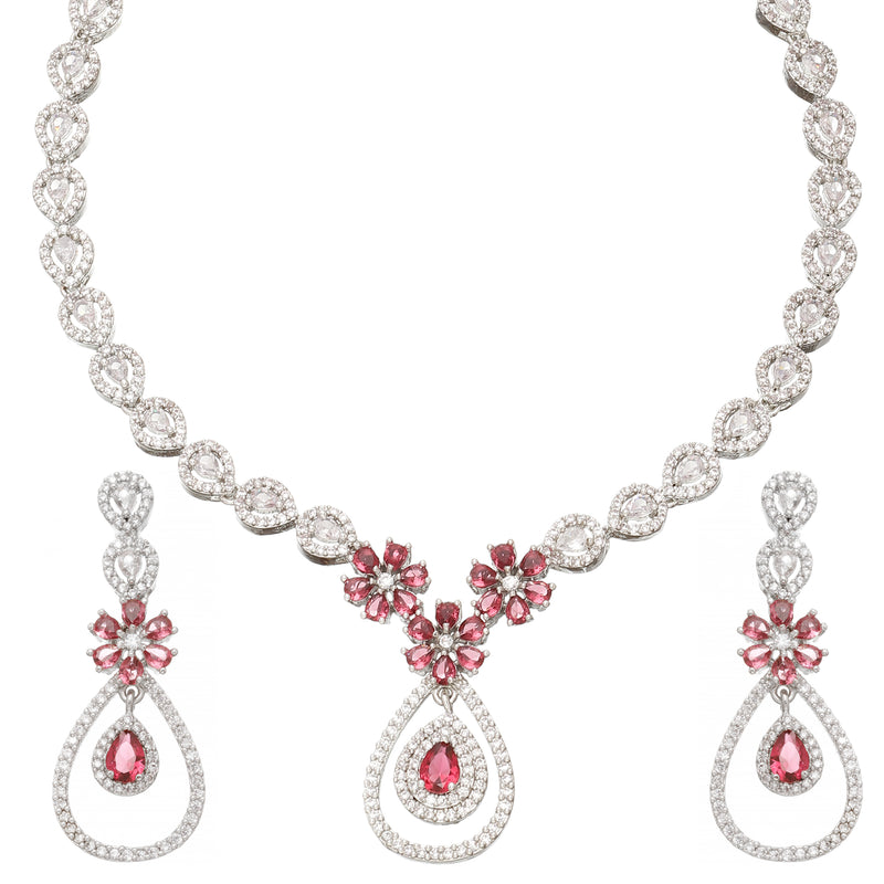 Rhodium-Plated Red American Diamond Studded Teardrop & Floral Shaped Jewellery Set