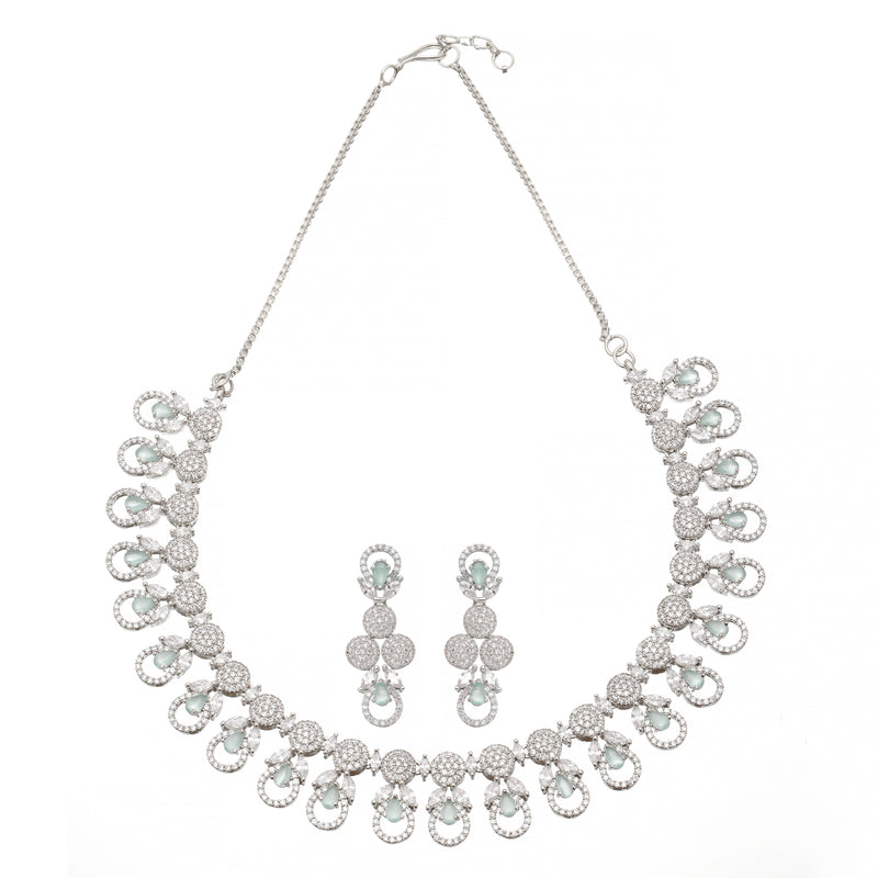 Rhodium-Plated Sea Green American Diamonds Studded Voguish Necklace & Earrings Jewellery Set