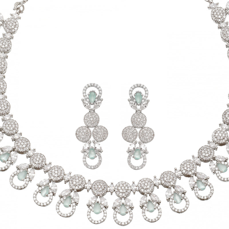 Rhodium-Plated Sea Green American Diamonds Studded Voguish Necklace & Earrings Jewellery Set