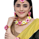 Gold-Plated Pink-Yellow Floral White Pearls Beaded Haldi & Mehendi Jewellery Set with Maang Tikka & Haathphool