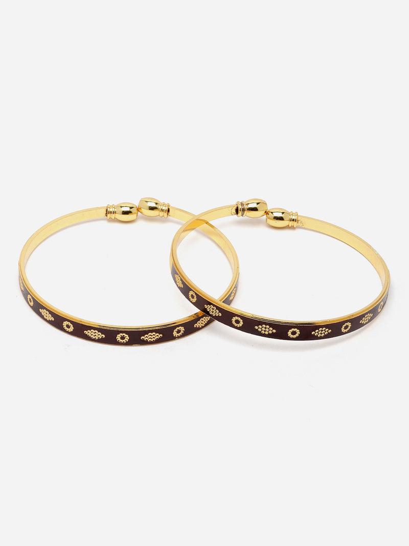 Gold-Plated Classic Brown Textured Handcrafted Kada Bracelets (Set Of 2)