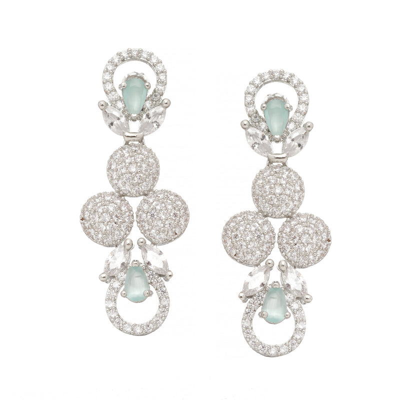 Rhodium-Plated Sea Green American Diamonds Studded Voguish Necklace & Earrings Jewellery Set