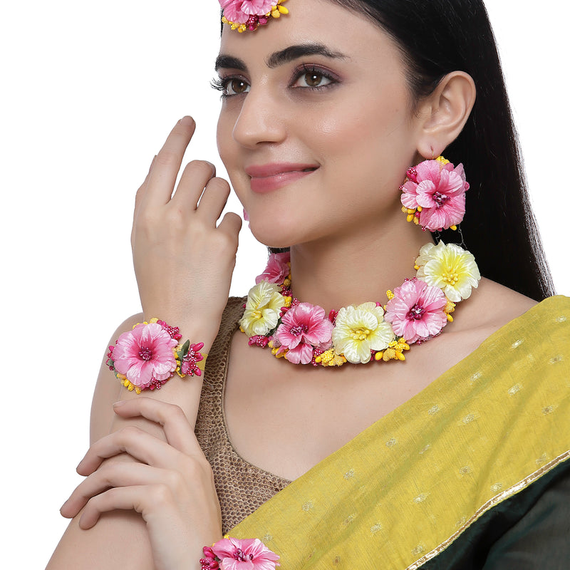 Gold-Plated Pink-Yellow Floral White Pearls Beaded Haldi & Mehendi Jewellery Set with Maang Tikka & Haathphool