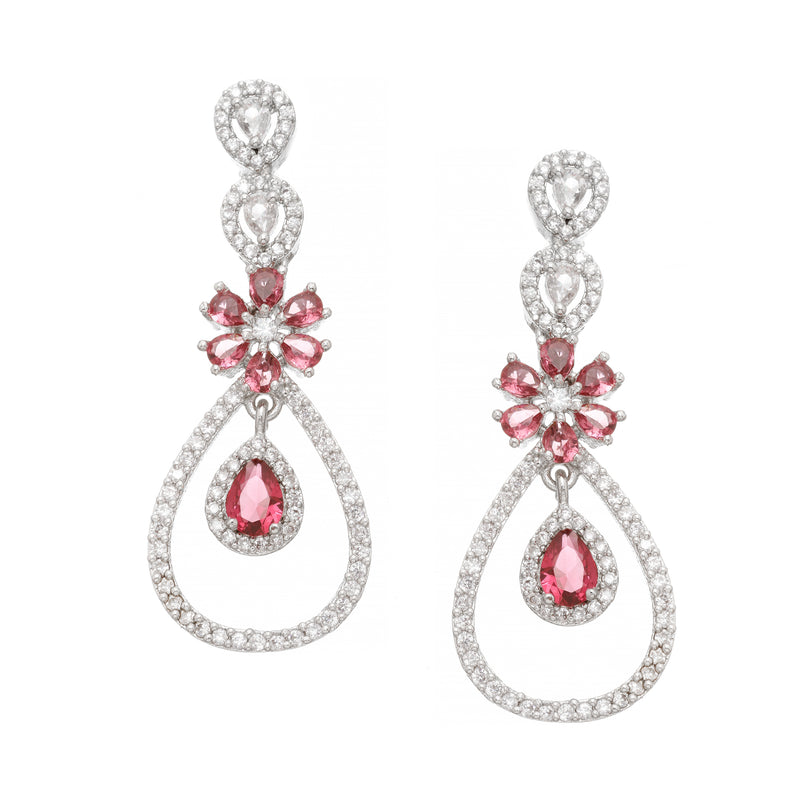 Rhodium-Plated Red American Diamond Studded Teardrop & Floral Shaped Jewellery Set