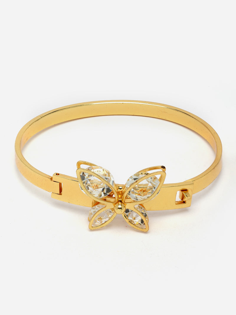 Gold-Plated White American Diamond studded Flower Handcrafted Cuff Bracelet