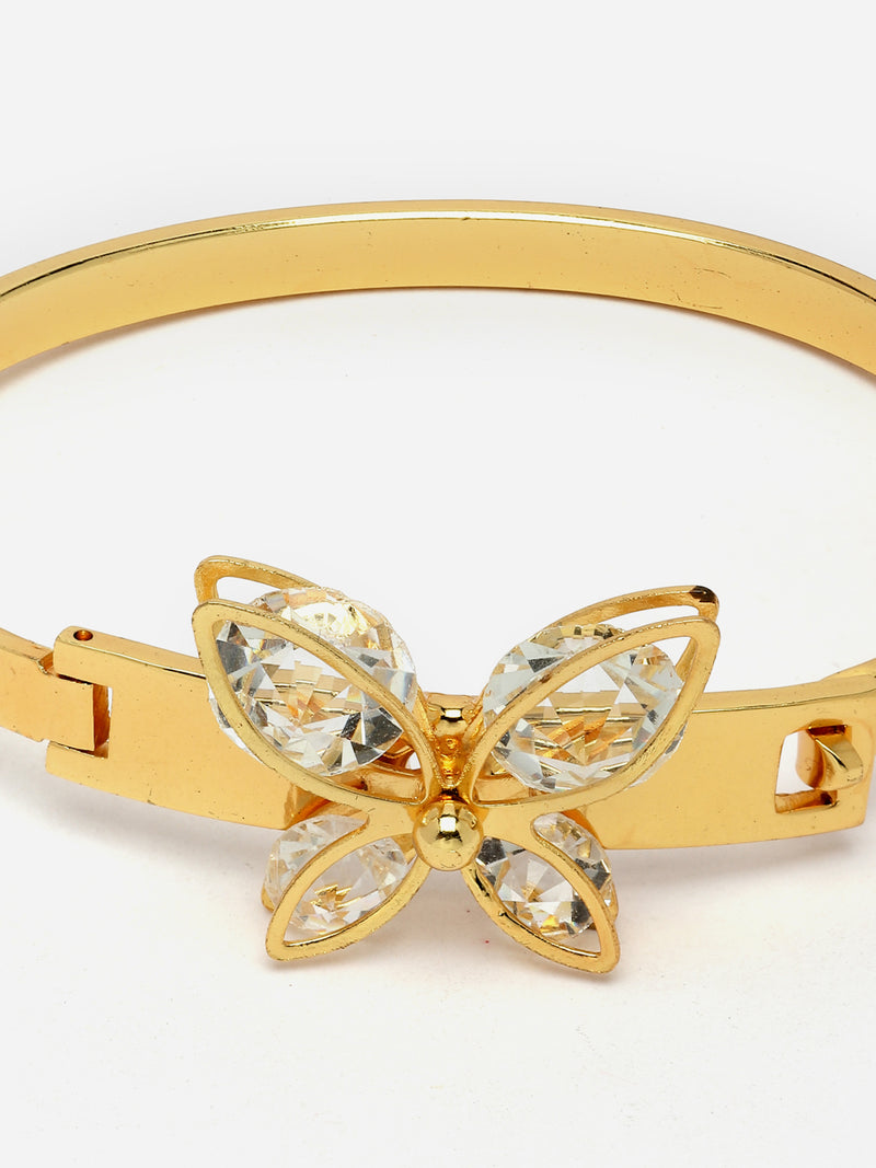 Gold-Plated White American Diamond studded Flower Handcrafted Cuff Bracelet