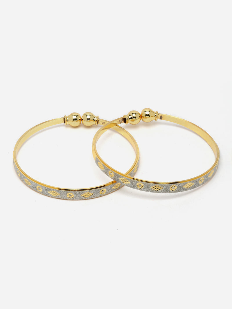 Gold-Plated Classic Silver Textured Handcrafted Kada Bracelets (Set Of 2)