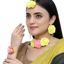 Gold-Plated Yellow-Pink Floral White Pearls Beaded Haldi & Mehendi Jewellery Set with Maang Tikka & Haathphool