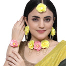 Gold-Plated Yellow-Pink Floral White Pearls Beaded Haldi & Mehendi Jewellery Set with Maang Tikka & Haathphool