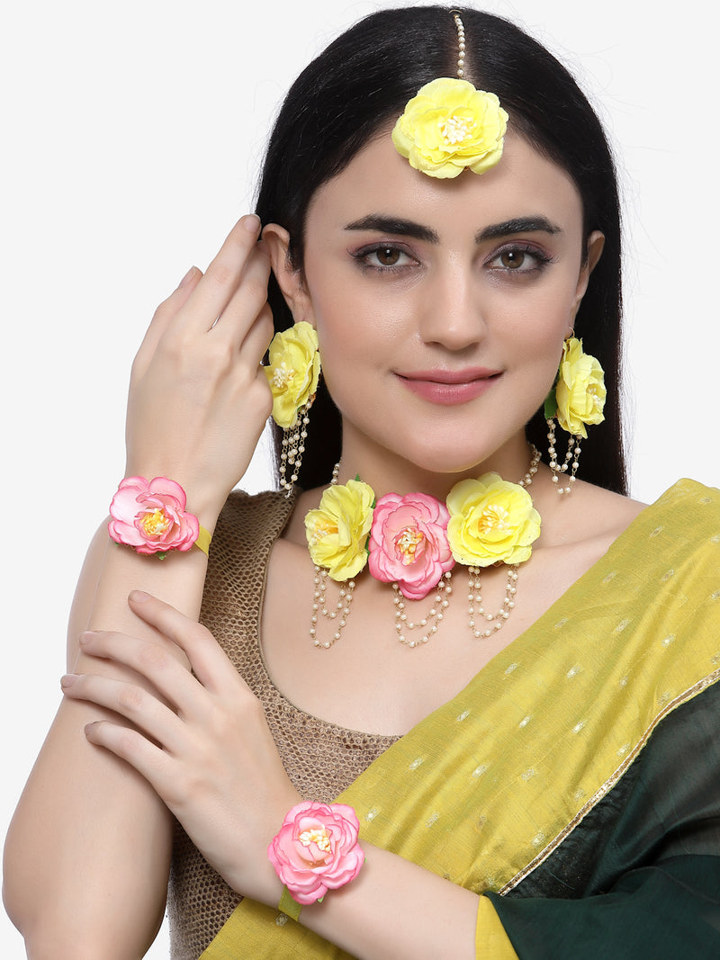 Gold-Plated Yellow-Pink Floral White Pearls Beaded Haldi & Mehendi Jewellery Set with Maang Tikka & Haathphool