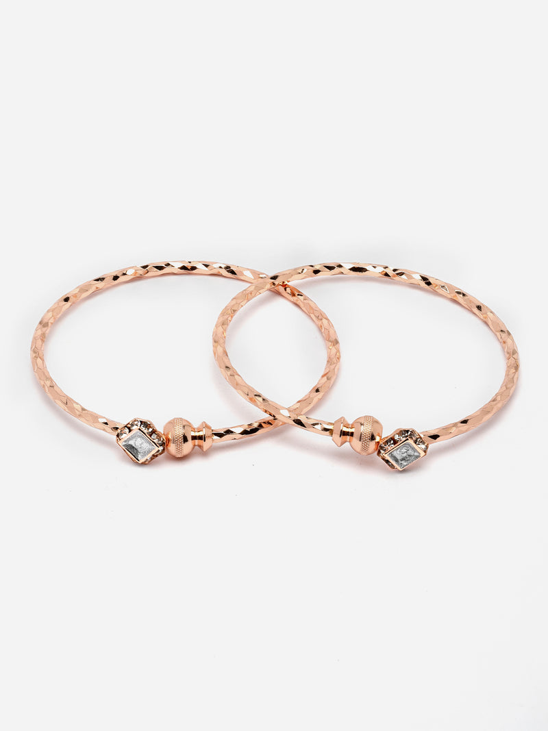 Rose Gold-Plated White Square Shaped American Diamond studded Handcrafted Kada Bracelets (Set Of 2)