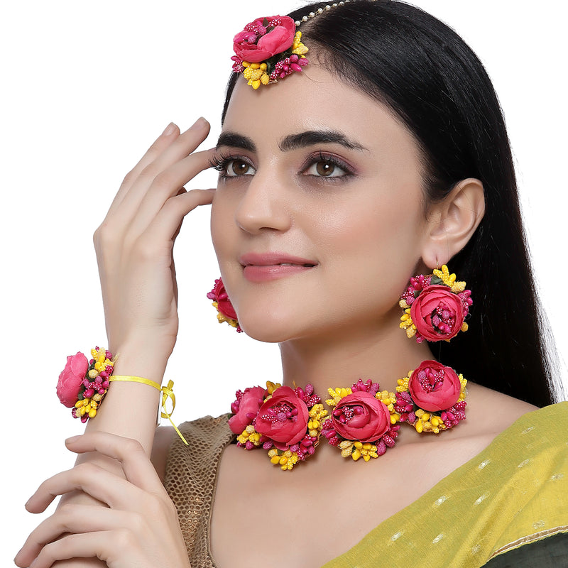 Gold-Plated Pink Floral White Pearls Beaded Haldi & Mehendi Jewellery Set with Maang Tikka & Haathphool