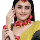 Gold-Plated Pink Floral White Pearls Beaded Haldi & Mehendi Jewellery Set with Maang Tikka & Haathphool