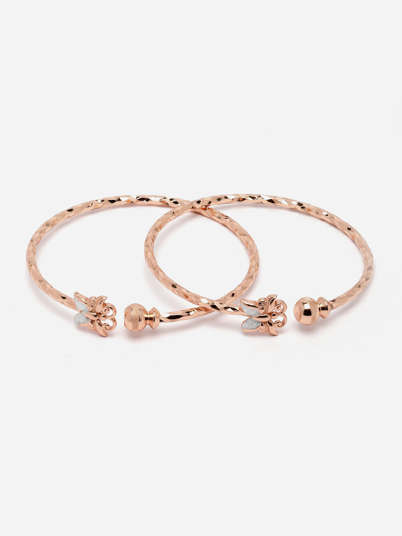 Rose Gold-Plated White American Diamond studded Flower Handcrafted Kada Bracelets (Set Of 2)