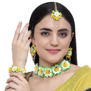Gold-Plated Green-Yellow Floral White Pearls Beaded Haldi & Mehendi Jewellery Set with Maang Tikka & Haathphool