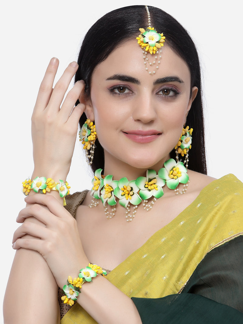 Gold-Plated Green-Yellow Floral White Pearls Beaded Haldi & Mehendi Jewellery Set with Maang Tikka & Haathphool