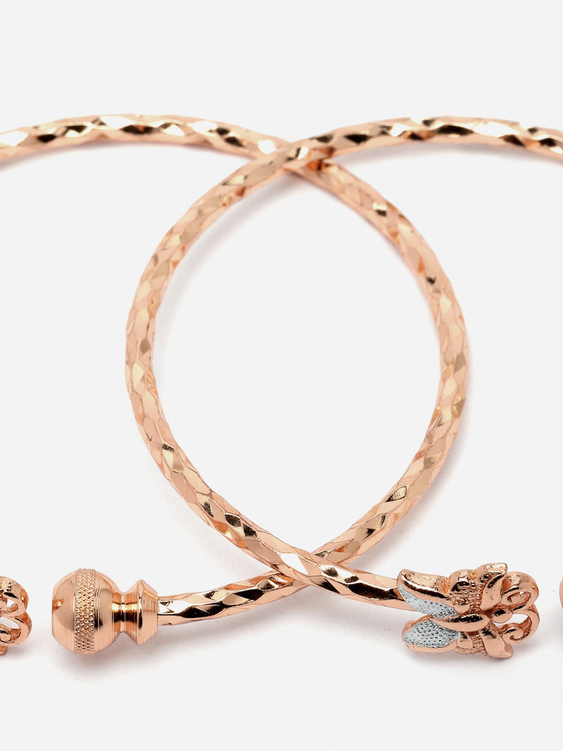 Rose Gold-Plated White American Diamond studded Flower Handcrafted Kada Bracelets (Set Of 2)