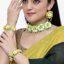 Gold-Plated Green-Yellow Floral White Pearls Beaded Haldi & Mehendi Jewellery Set with Maang Tikka & Haathphool