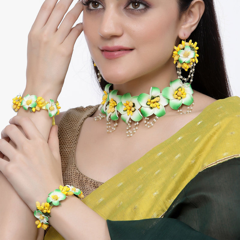 Gold-Plated Green-Yellow Floral White Pearls Beaded Haldi & Mehendi Jewellery Set with Maang Tikka & Haathphool