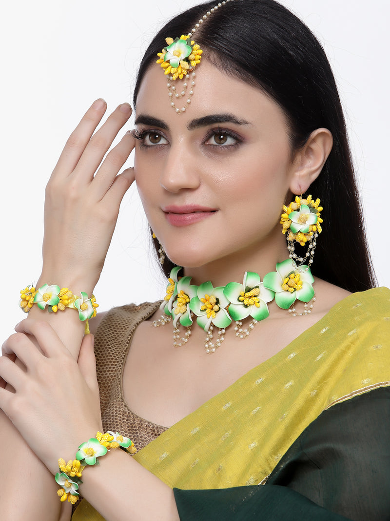 Gold-Plated Green-Yellow Floral White Pearls Beaded Haldi & Mehendi Jewellery Set with Maang Tikka & Haathphool