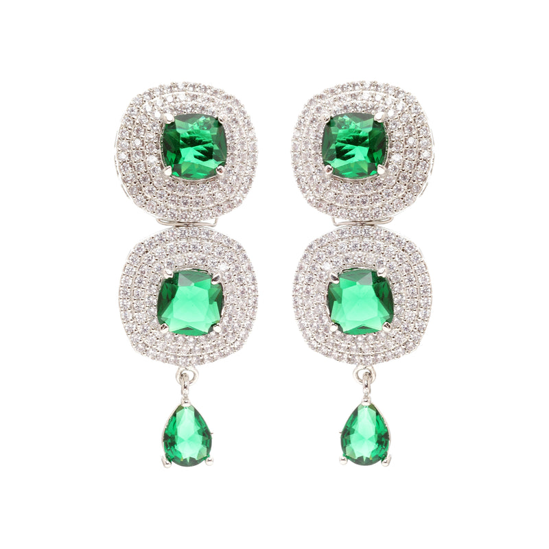 Rhodium-Plated Green Cubic Zirconia Studded Necklace with Earrings Jewellery Set