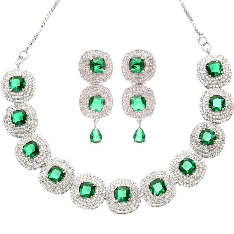 Rhodium-Plated Green Cubic Zirconia Studded Necklace with Earrings Jewellery Set