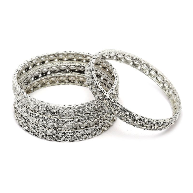 Set Of 4 Oxidised Silver-Plated Paisley Engraved Handcrafted Bangles
