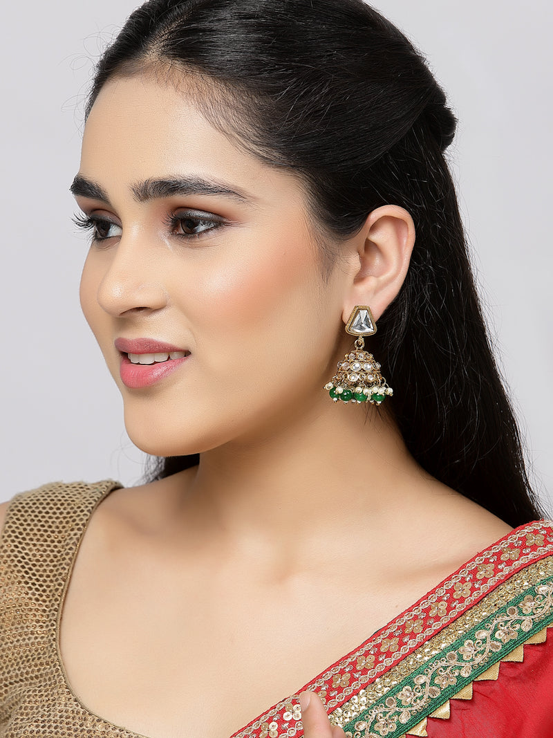 Gold-Plated Kundan & Green Pearls studded Dome Shaped Mirror Jhumka Earrings