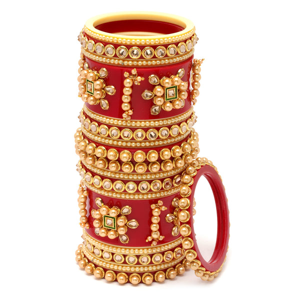 Gold Plated Traditional Set of 18 Red Bridal Chuda Bangle Set
