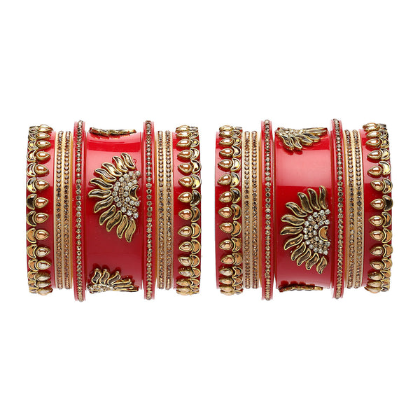 Gold Plated Cubic Zirconia  Studded Nature Inspired Set Of 18 Traditional Chuda Bangle Set