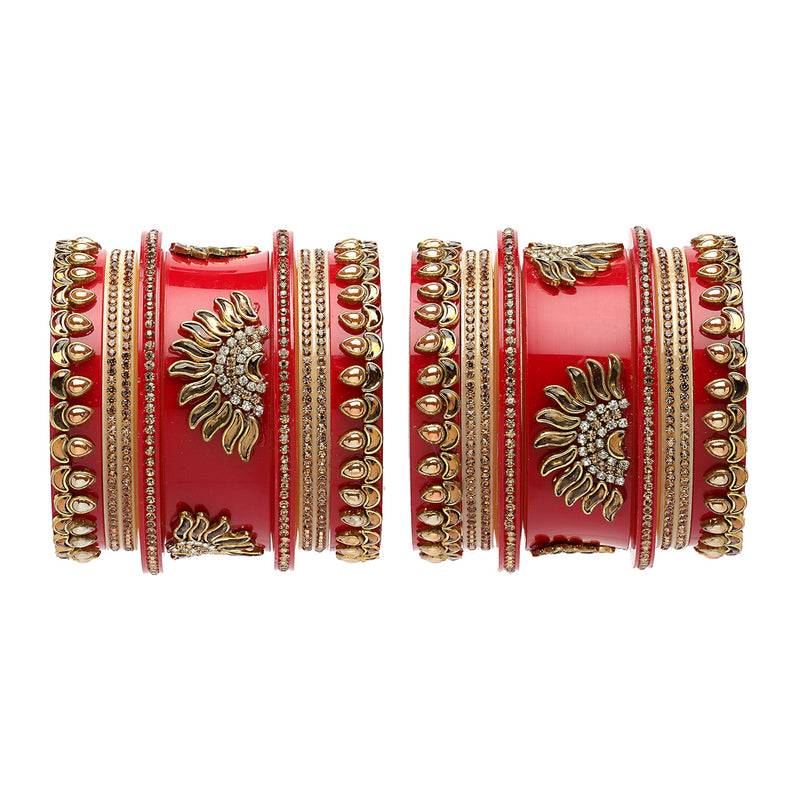 Gold Plated Cubic Zirconia  Studded Nature Inspired Set Of 18 Traditional Bangle Set