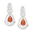 Rhodium-Plated Orange American Diamond studded Teardrop & Leaf Shaped Drop Earrings