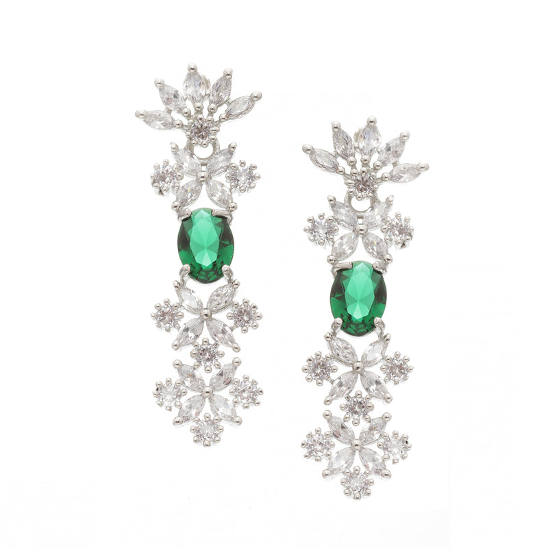 Rhodium-Plated Green American Diamonds Studded Wacky Necklace & Earrings Jewellery Set
