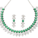 Rhodium-Plated Green American Diamonds Studded Wacky Necklace & Earrings Jewellery Set