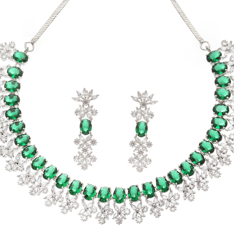 Rhodium-Plated Green American Diamonds Studded Wacky Necklace & Earrings Jewellery Set