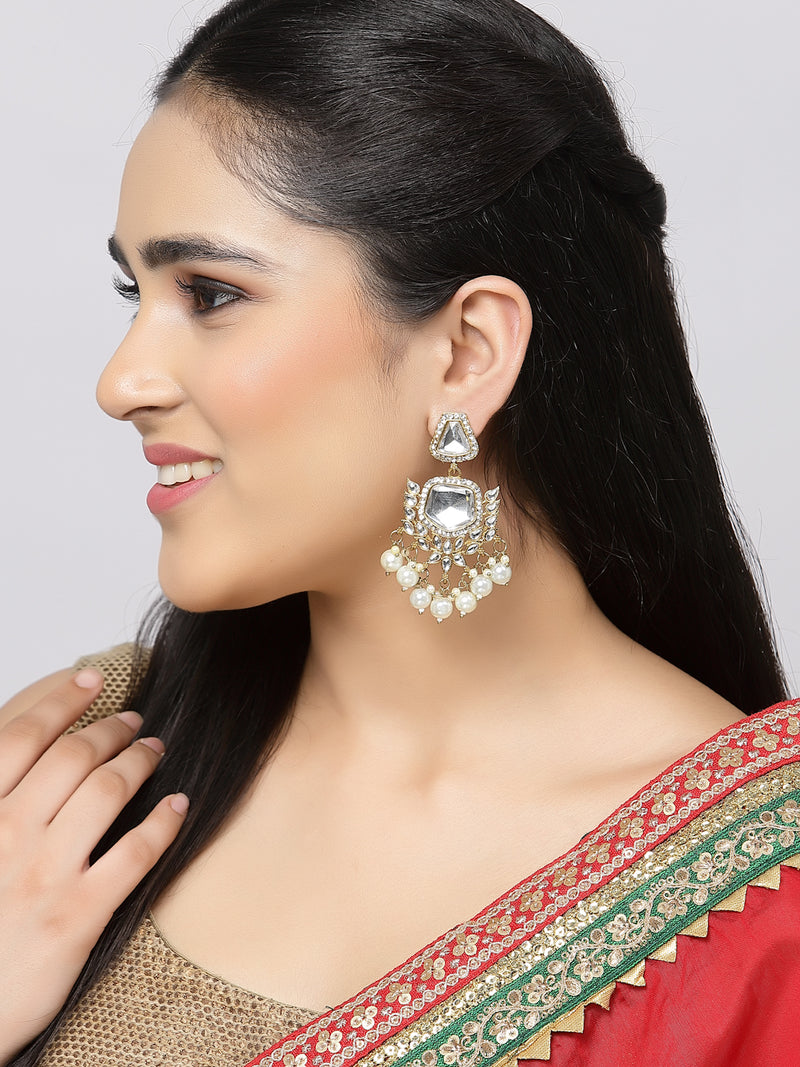 Gold-Plated Kundan & White Pearls studded Classic Mirror Drop Earrings