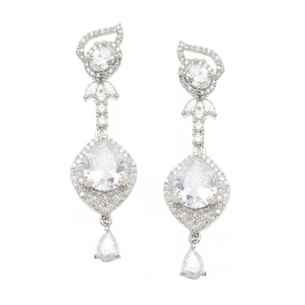 Rhodium-Plated White American Diamond studded Handcrafted Teardrop Drop Earrings