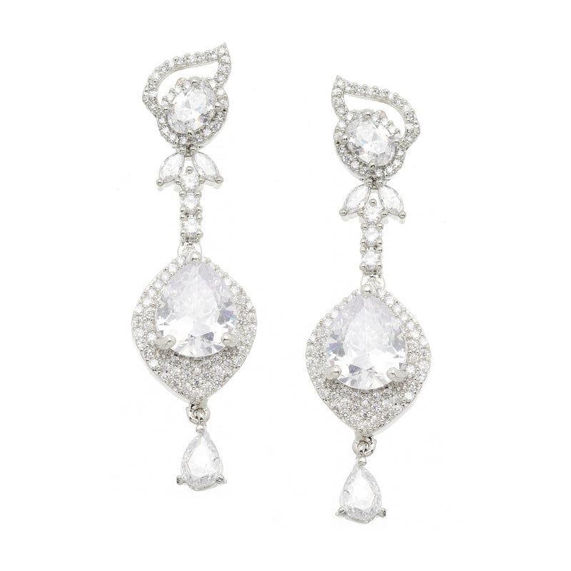 Rhodium-Plated White American Diamond studded Handcrafted Teardrop Drop Earrings