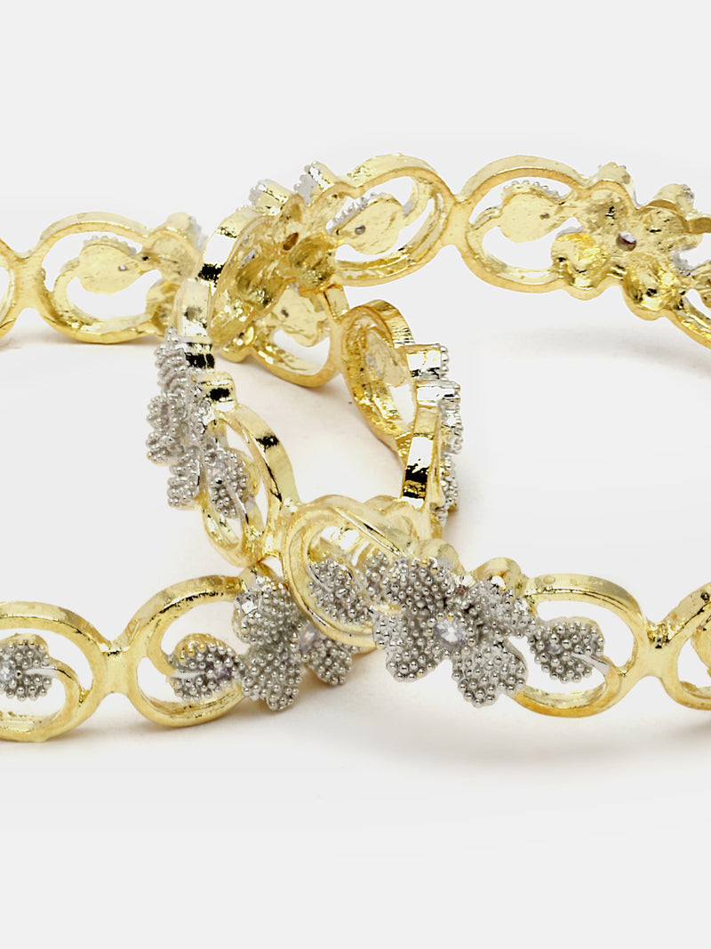 Set Of 4 Gold-Plated White American Diamond studded Dual Toned Paisley and Floral Design Bangles