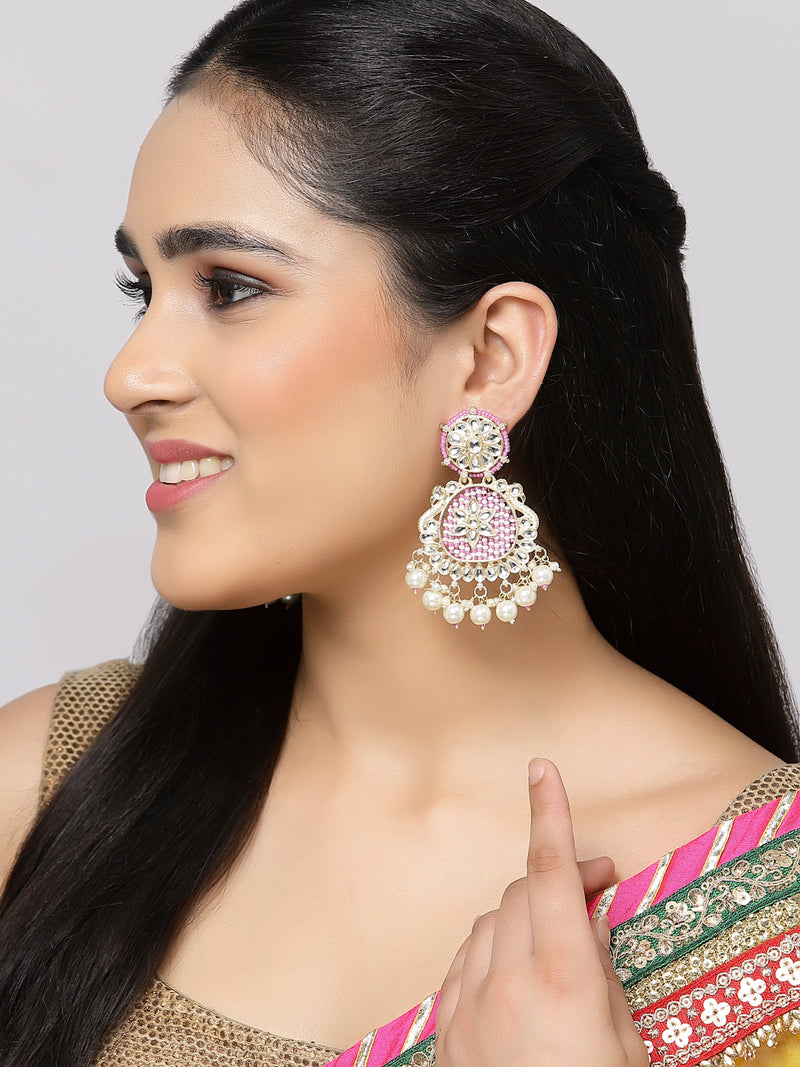 Gold-Plated Pink Beads White Pearls & Kundan studded Handcrafted Peacock Shaped Drop Earrings