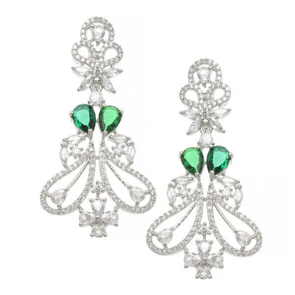 Rhodium-Plated Green & White American Diamond studded Paisley Shaped Drop Earrings