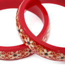 Set Of 2 Gold-Plated White & Green Flower Engraved Handcrafted Non Allergic Bangles