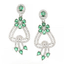 Rhodium-Plated Green & White American Diamond studded Floral Shaped Drop Earrings